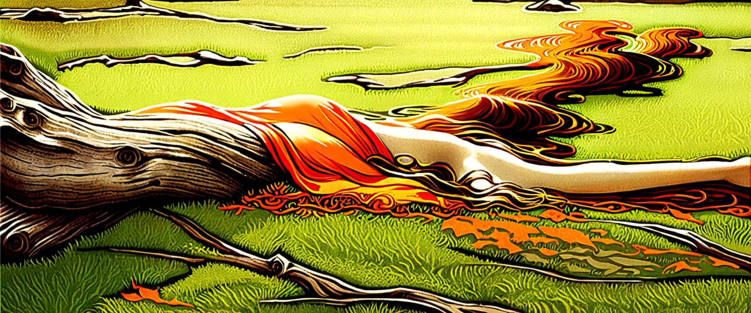 A Young girl with a draped dress is transformed in a beautiful twisted root of a chestnut tree, - Start Image 1