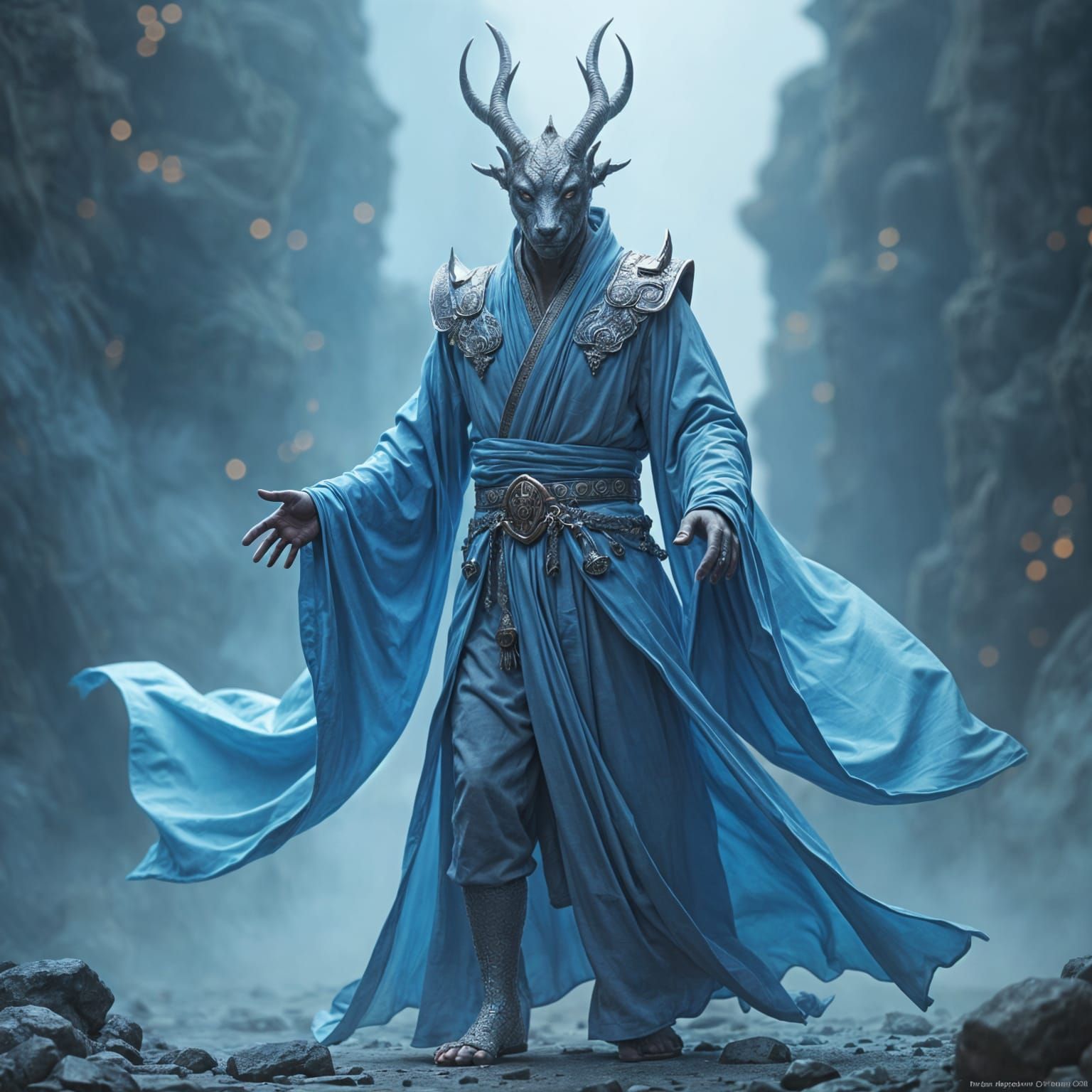 A silver Dragonborn Shadow Monk from dungeons and dragons wearing eastern inspired clothing. The face and body should resemble a huminoid dr...