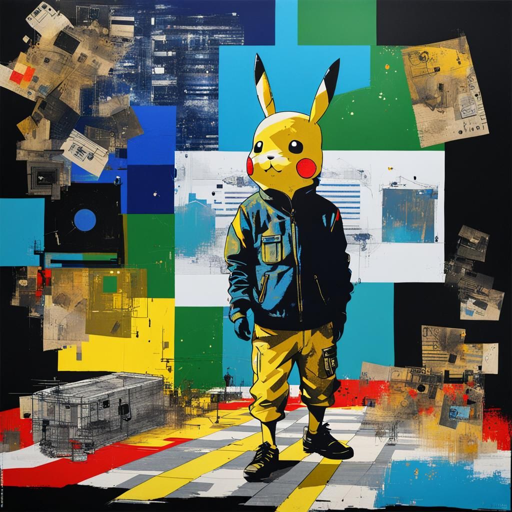 a mixed media patchwork  portrait of  Pikachu    computer pr...