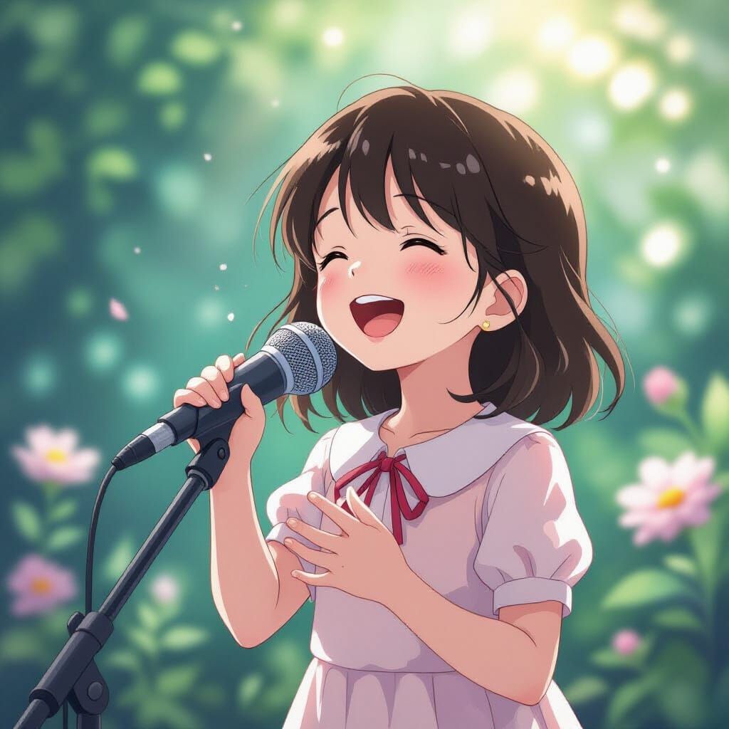 Joyful Girl Sings into Microphone in Anime Style