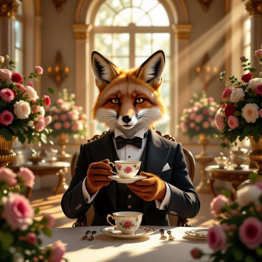 Victorian Fox in Ballroom, Hyperrealistic Style