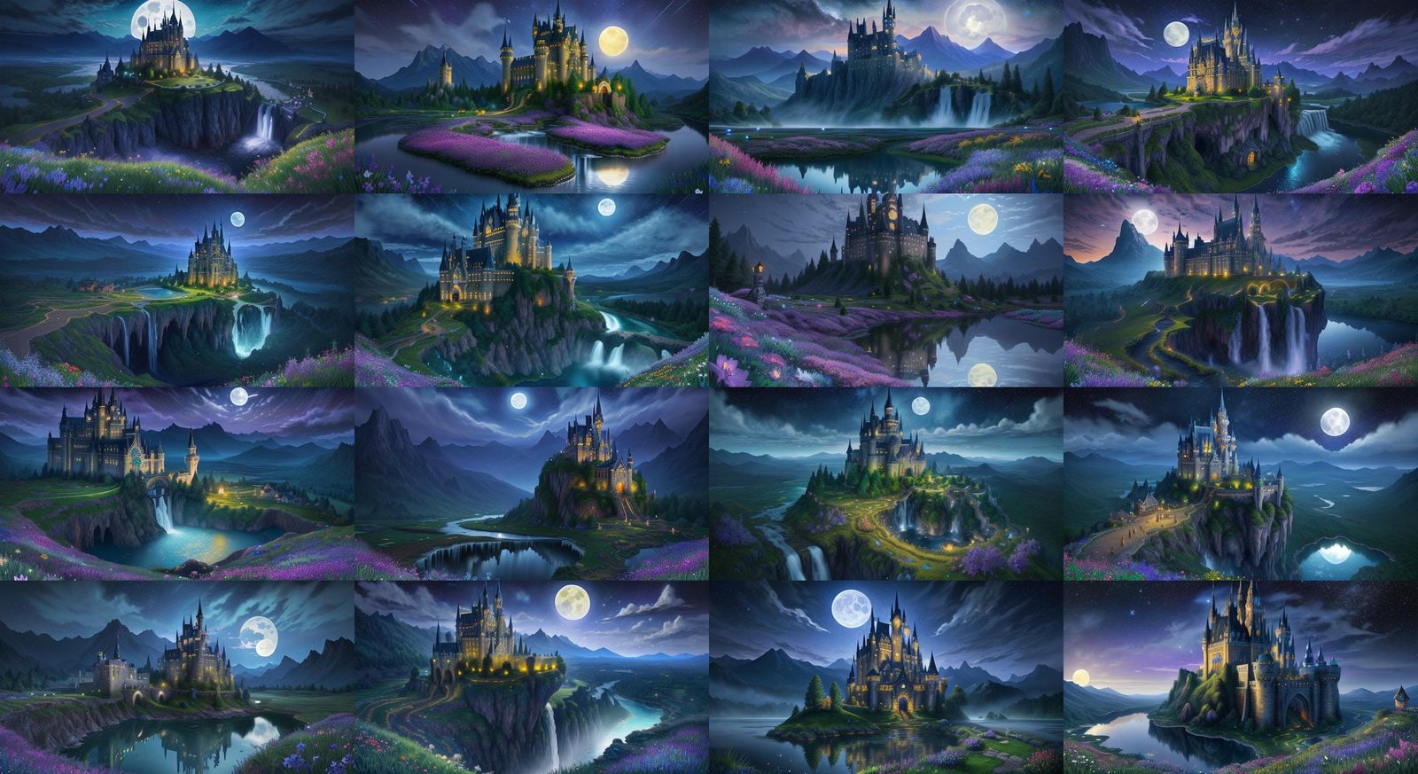 A beautiful dark fantasy castle under a full moon in a beaut...