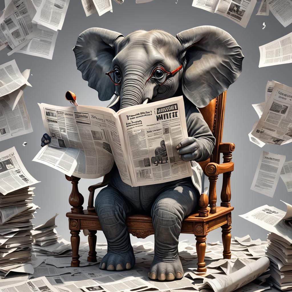 Cute Cartoon Elephant Reading Newspaper in HDR