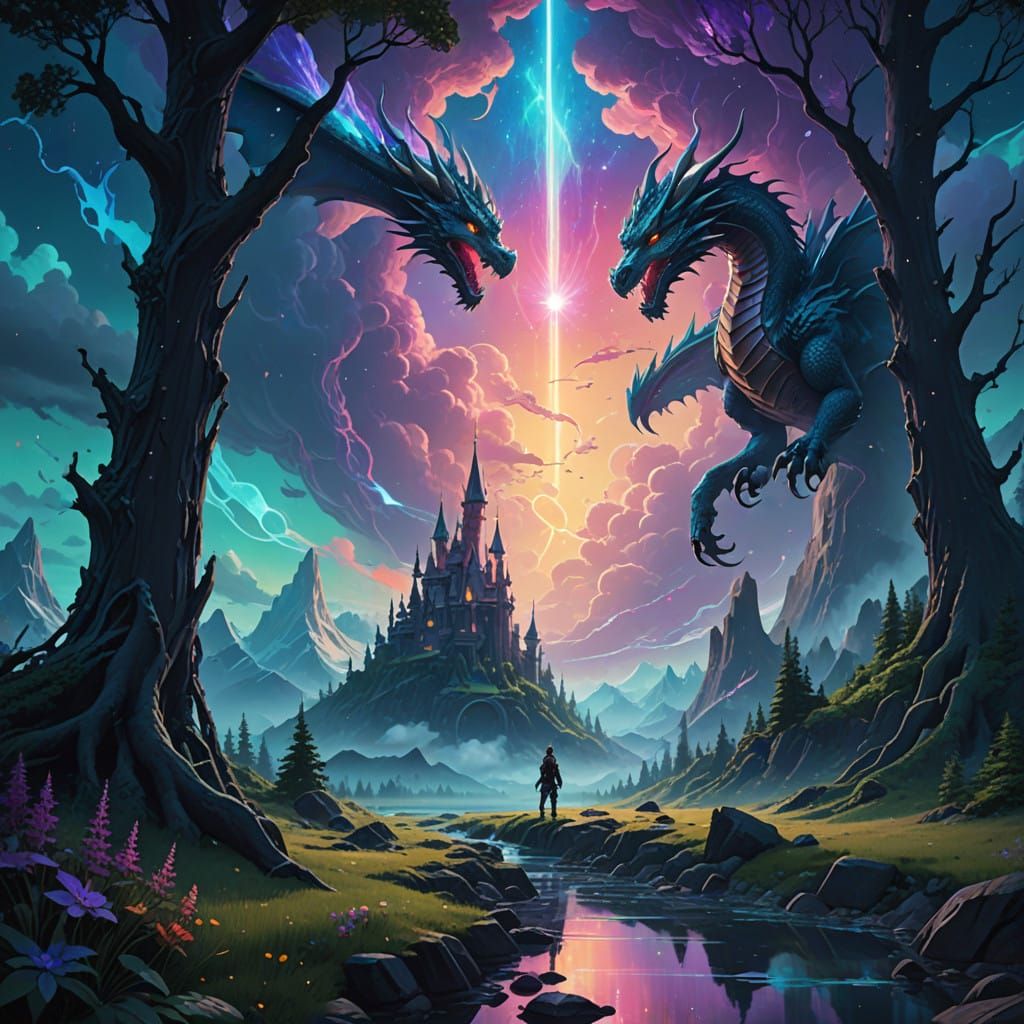 Ethereal Dragon soars through a Vibrant, Dreamlike Realm