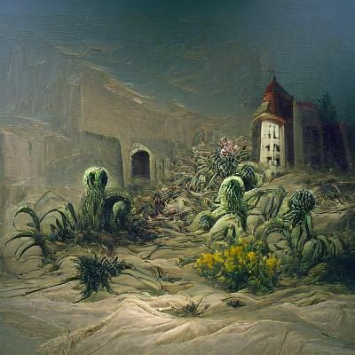 A destroyed Desert town with plants growing on it