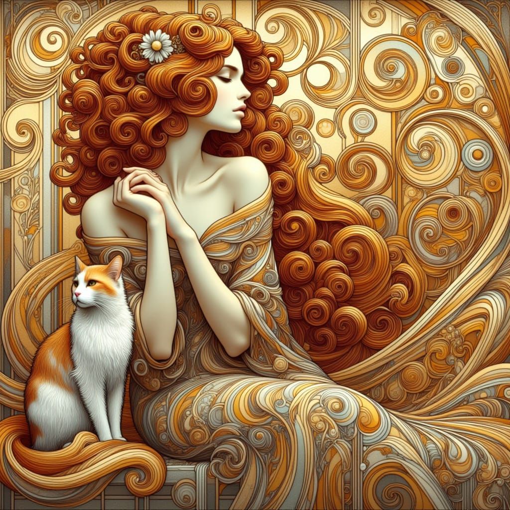 <lora:Art Nouveau:1.0> Art Nouveau, medium shot, woman with long red curly hair sitting on a terrace with her cat, close up. Soft, golden li...