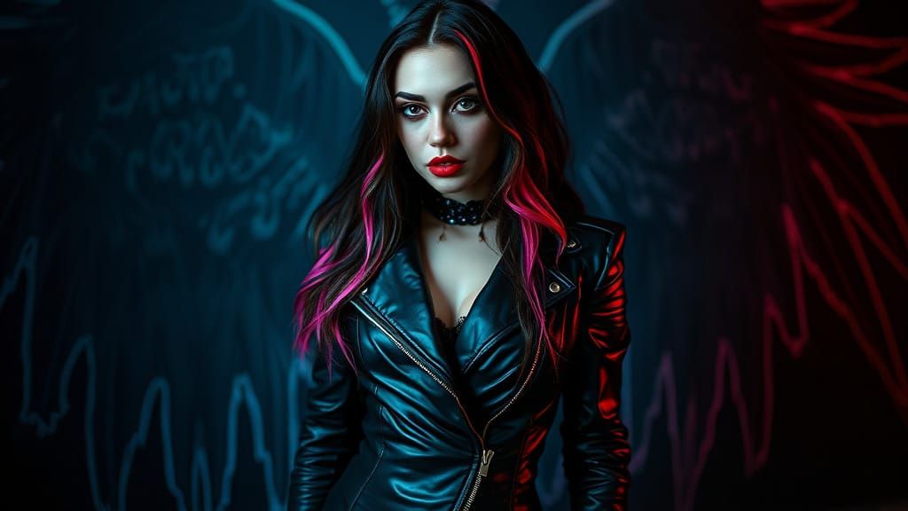 Ethereal Gothic Goddess in Latex Leather Jacket