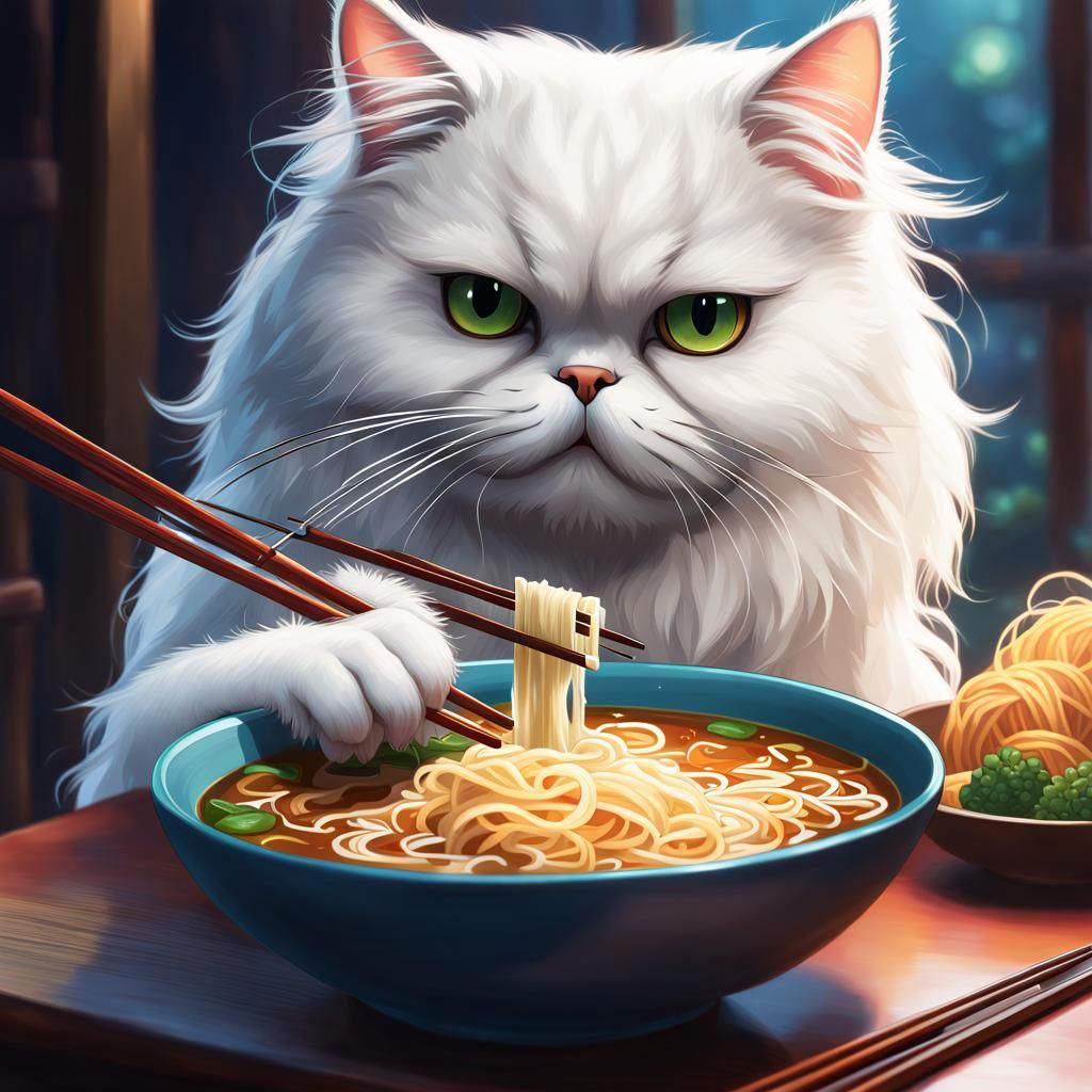 A beautiful white persian cat sitting at table eating a bowl of ramen,  by @BUZZY 