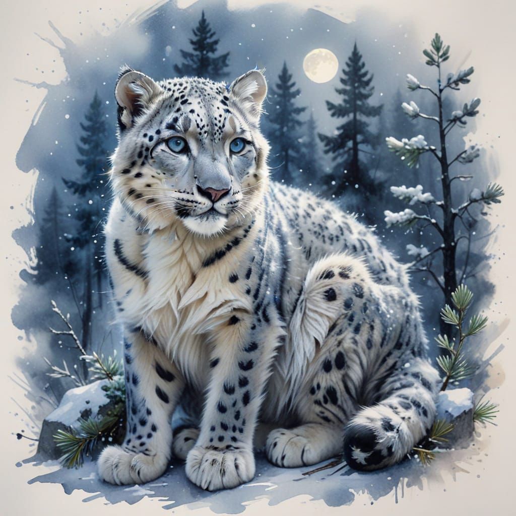 Snow Leopard Cub in Moonlit Winter Forest