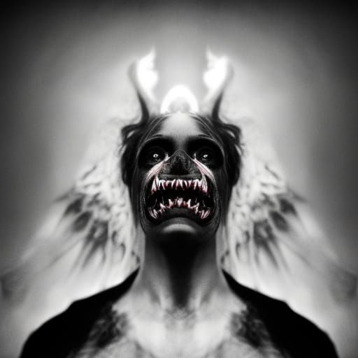 Demonic dogman skinwalker fallen-angel killer’s eyes fangs sharp teeth ...