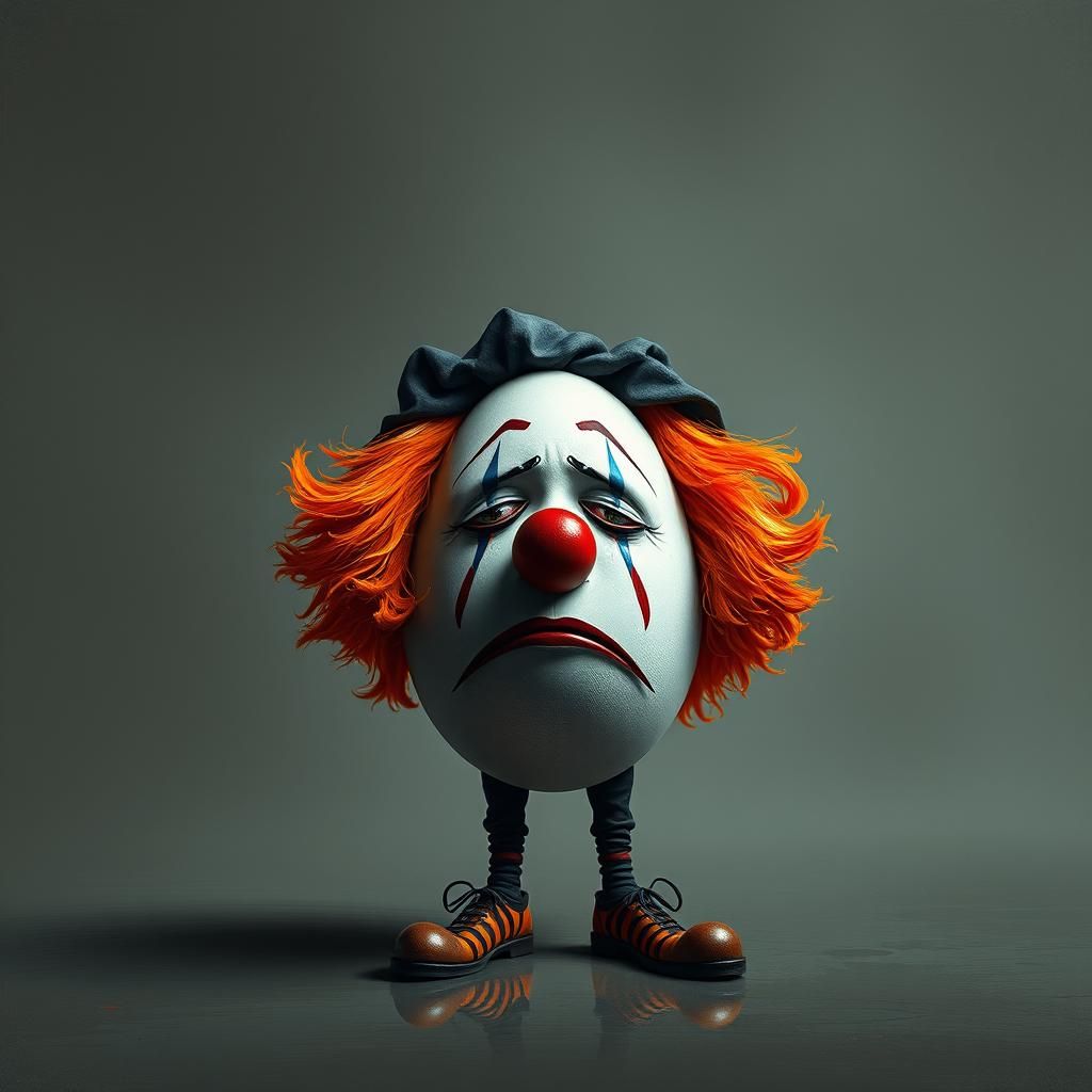 stunning image of a egg dressed and painted as a clown with happy makeup singing a sad song, moody, grainy, noisy, concept art, by Cyril Rol...