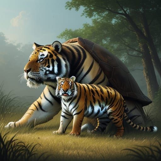 Turtle Protects Cub in Realistic Digital Art