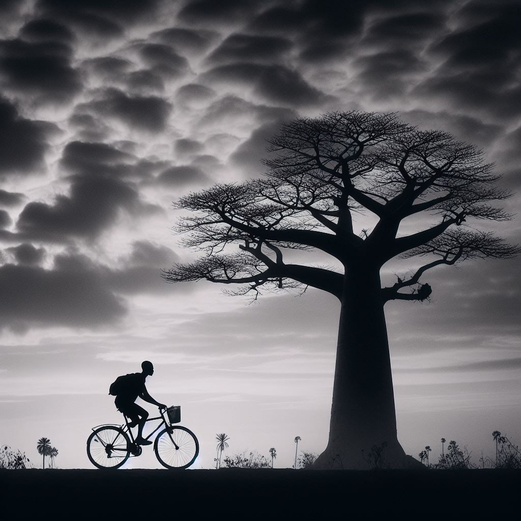 a man riding a bicycle next to a baobab tree