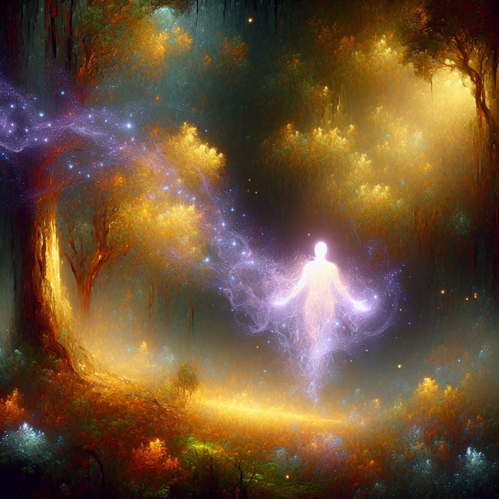 Mystical Figure in Ethereal Forest, Oil Painting