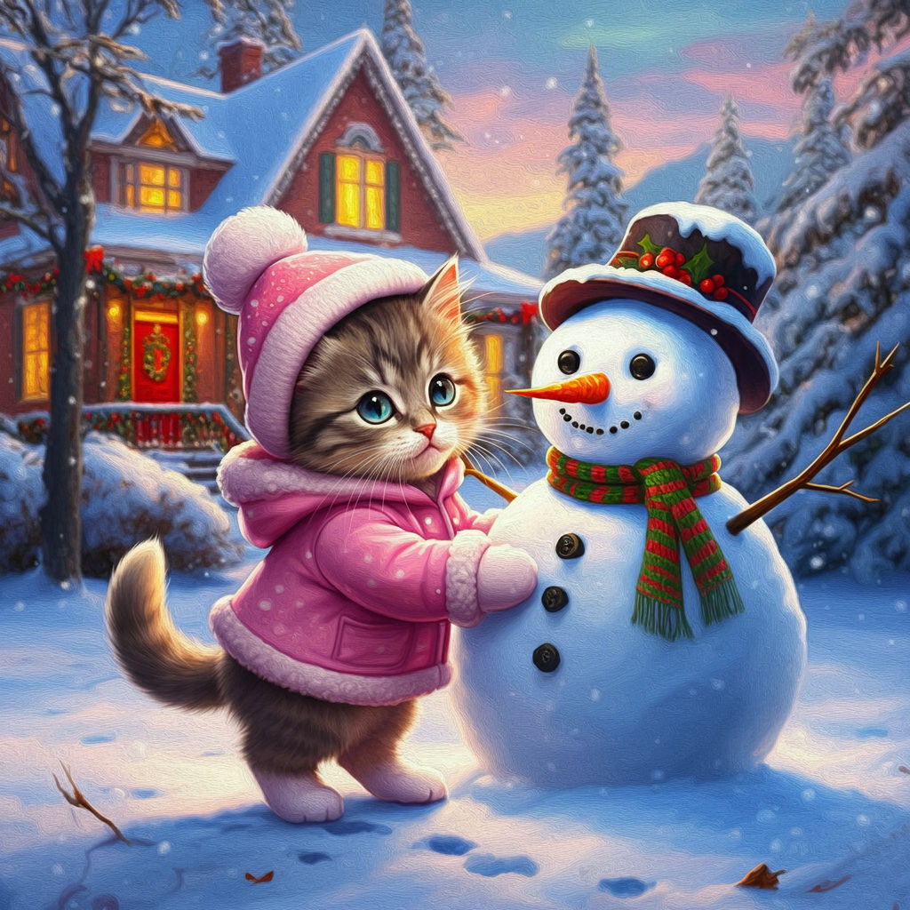 Cute Kitten Building A Snowman