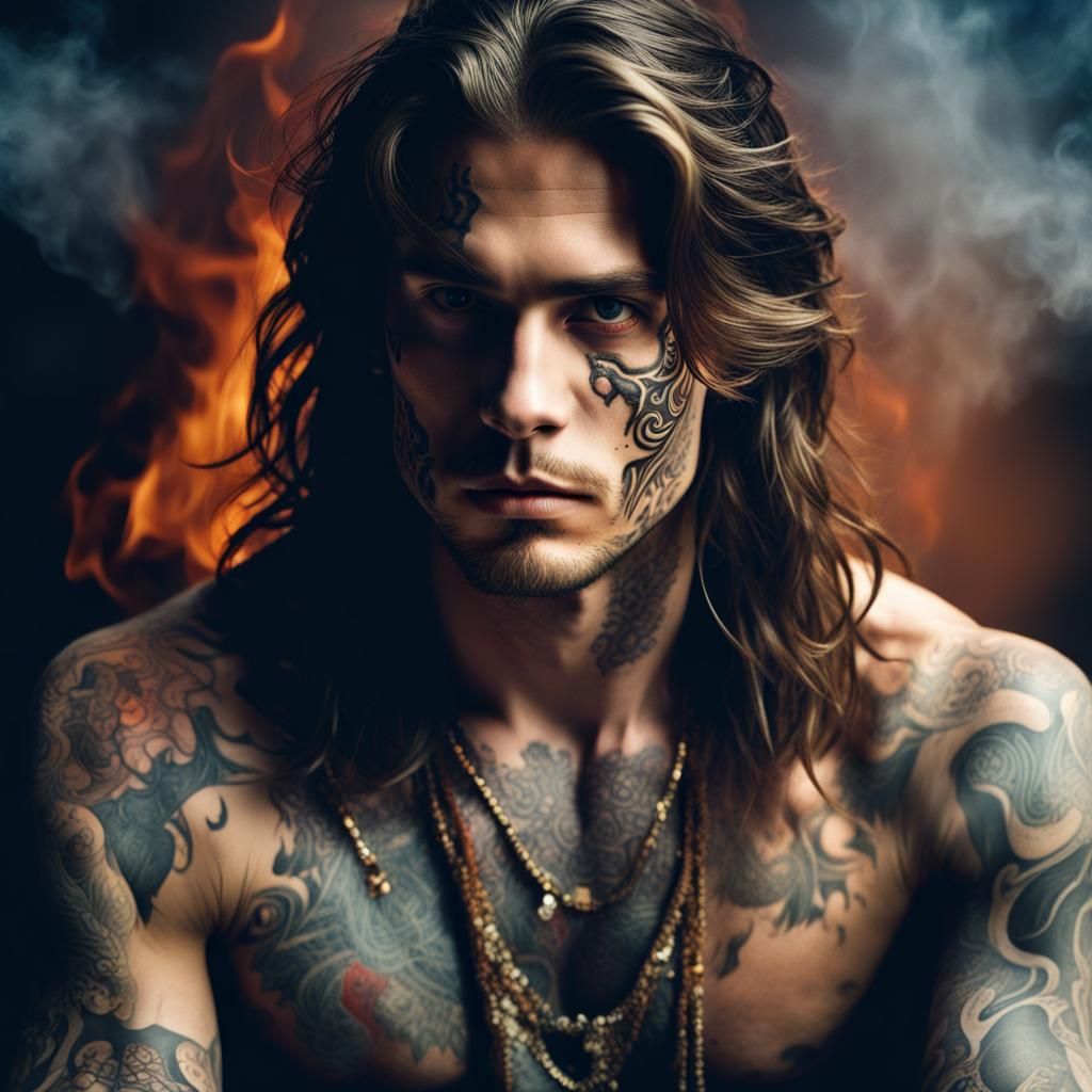 Detailed Photo of Young Man in Fog with Tattoo