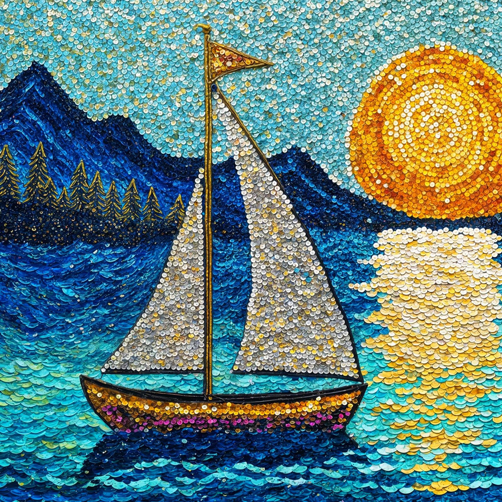 A art piece created by using sequins, it depicts a sailboat on a lake with the sun high in the sky, shiny ...  by @Dantonio