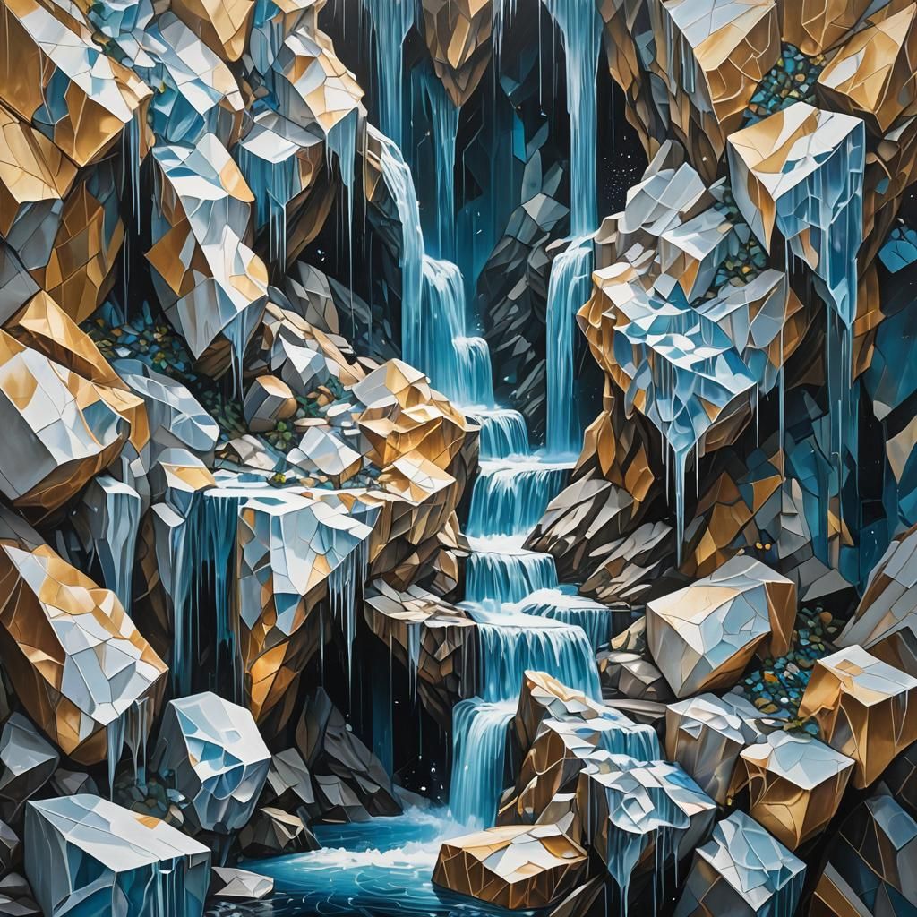 a waterfall, cubist style, blue, white, and gold, geometric, fractal, all straight lines no curves  by @SirEdmund