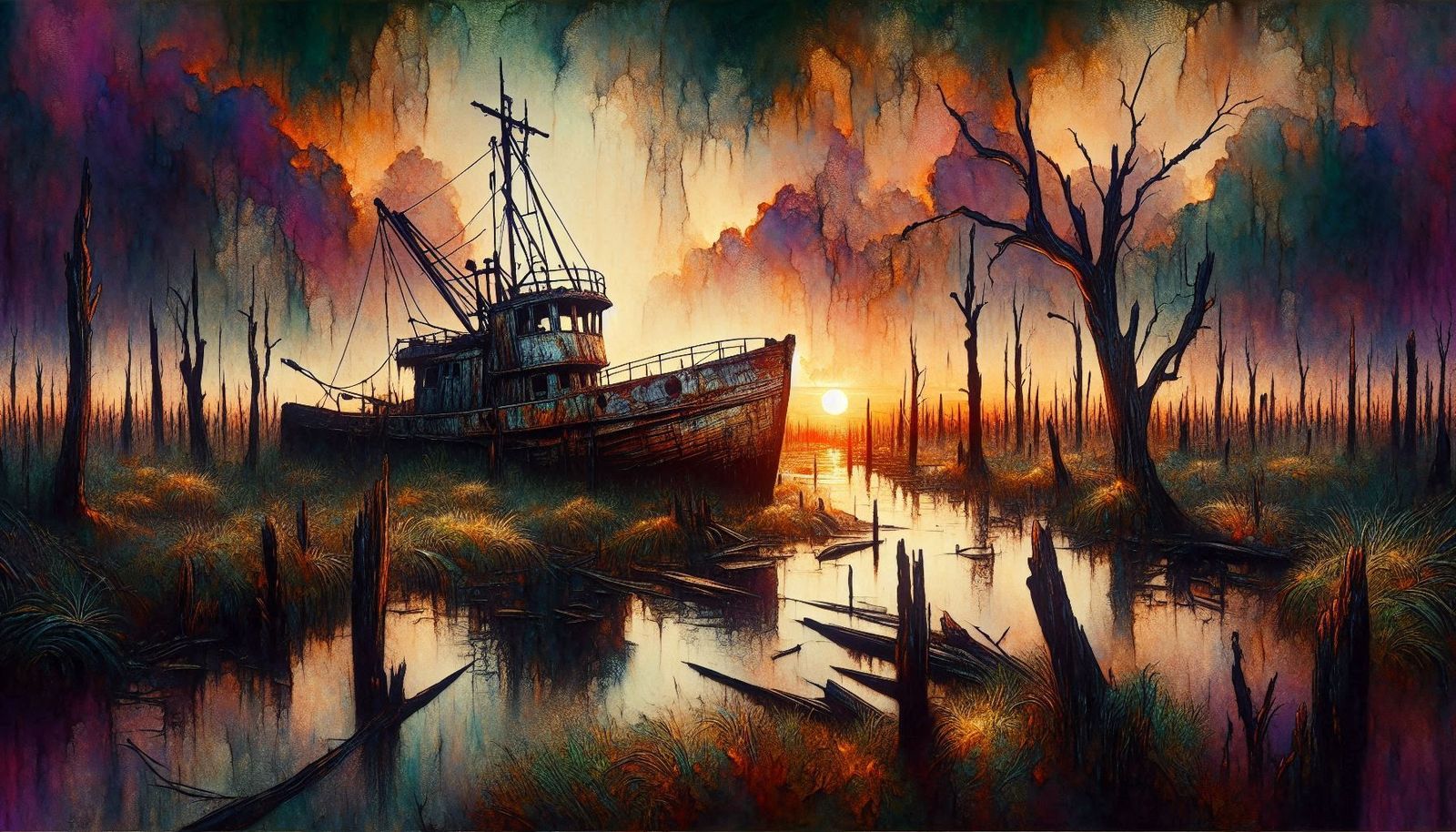 A haunting yet beautiful scene of a rusty old commercial fishing boat in the bayou   by @Marshas Creative AI Designs
