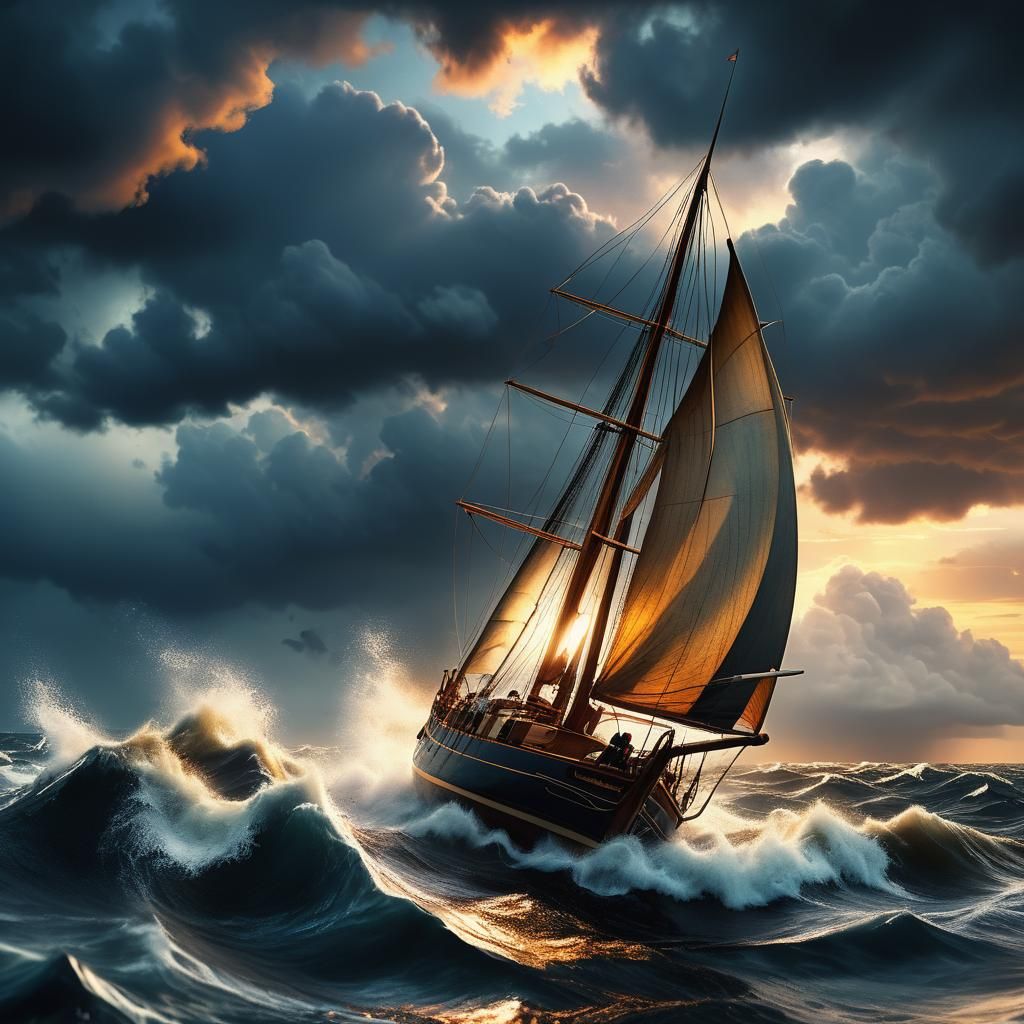 A sunset view featuring a silhouette of a sailboat  by @Tenar