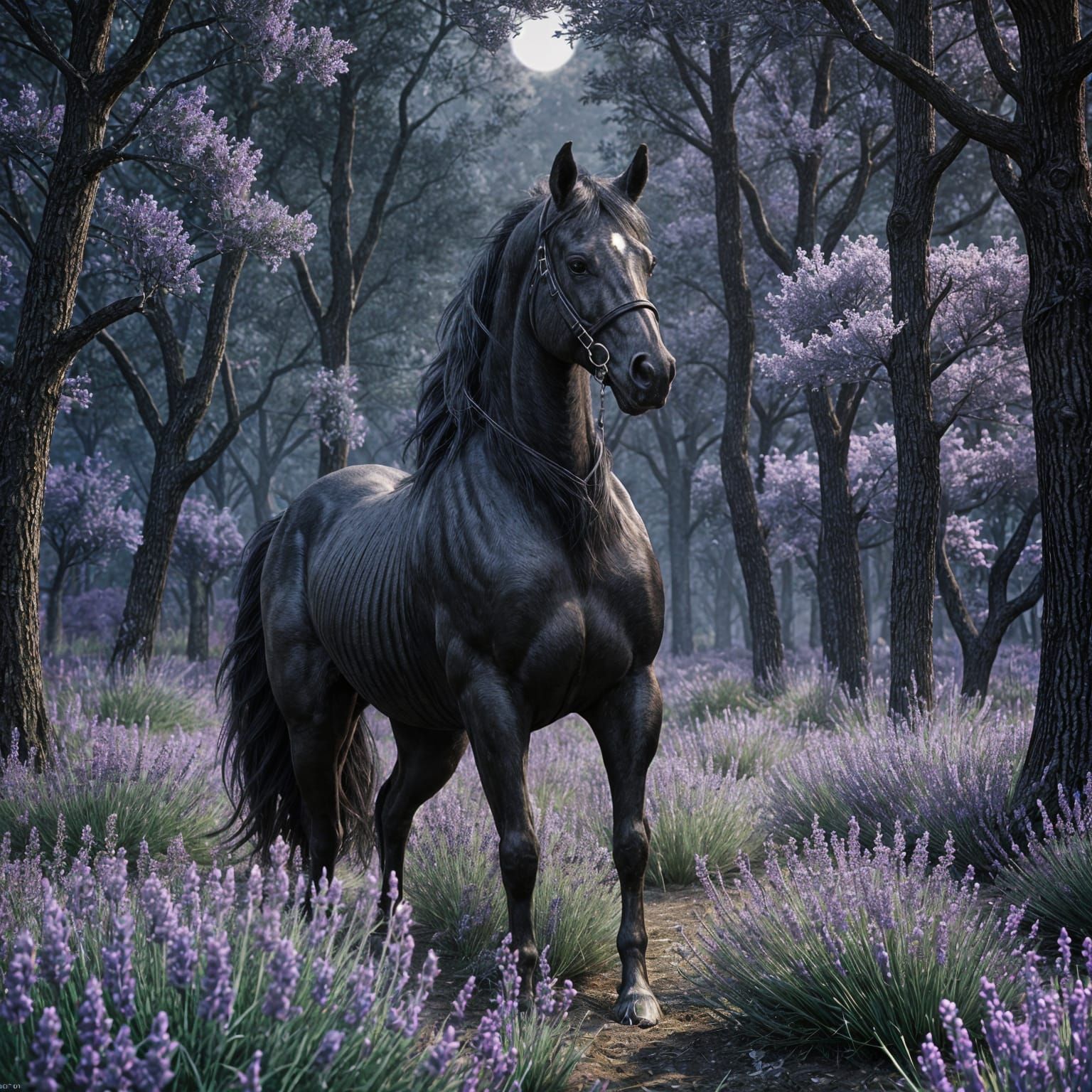 Glowing Black Horse in Lavender Forest, 3D Render