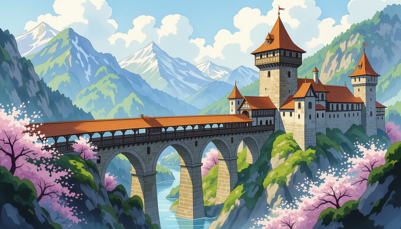 from a high angle you can see a long covered medieval bridge connecting one side of a castle stronghold on the top of a moss covered mountai...