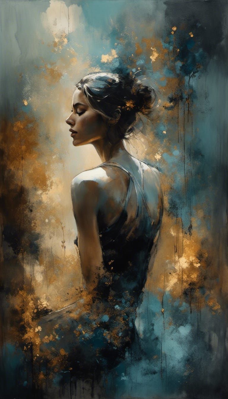 Cyan Woman in Yoga Pose as Watercolor Art