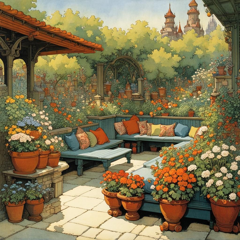 cozy seating area with flower pots in the blooming garden, b...