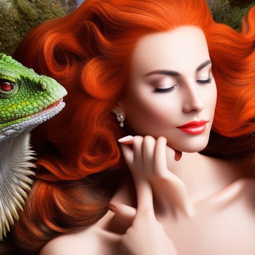 beautiful redhead in hot-tub with hairy lizard crawling on her shoulder ...