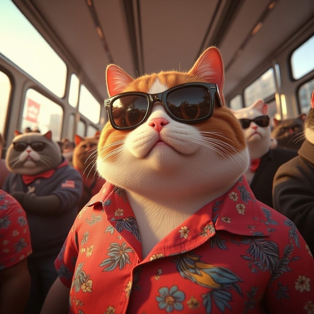 <lora:Cats on Rails:1.0> Close up of a fat anthropomorphic cat on a train wearing sunglasses, a hawaii shirt and shorts