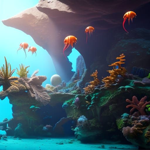 large tropical aquarium with sea horses, crabs and jellyfish