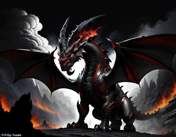 A prestigious dragon with scales of dark, glossy black and f...