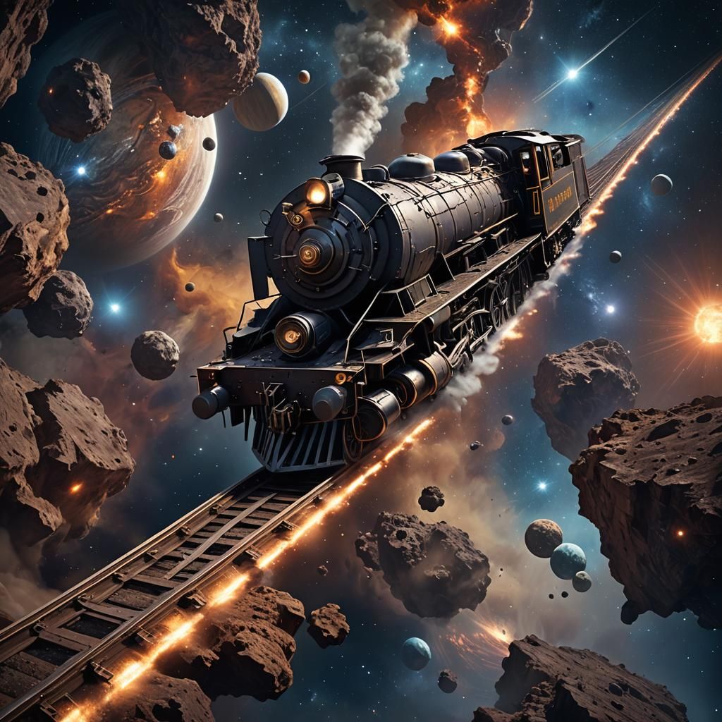 Imagine a satellite steam locomotive soaring through space, unbound by supporting rails or soil, traversing the void bet...
