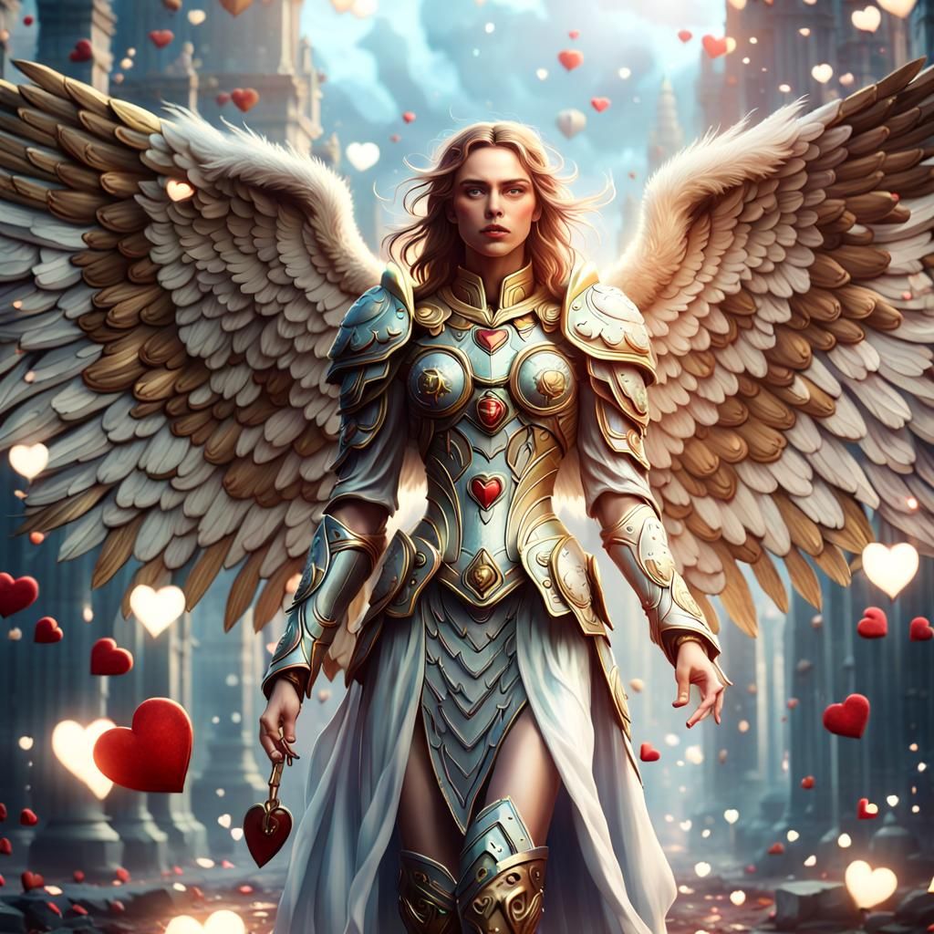 angel with Hearts everywhere on an armored dress