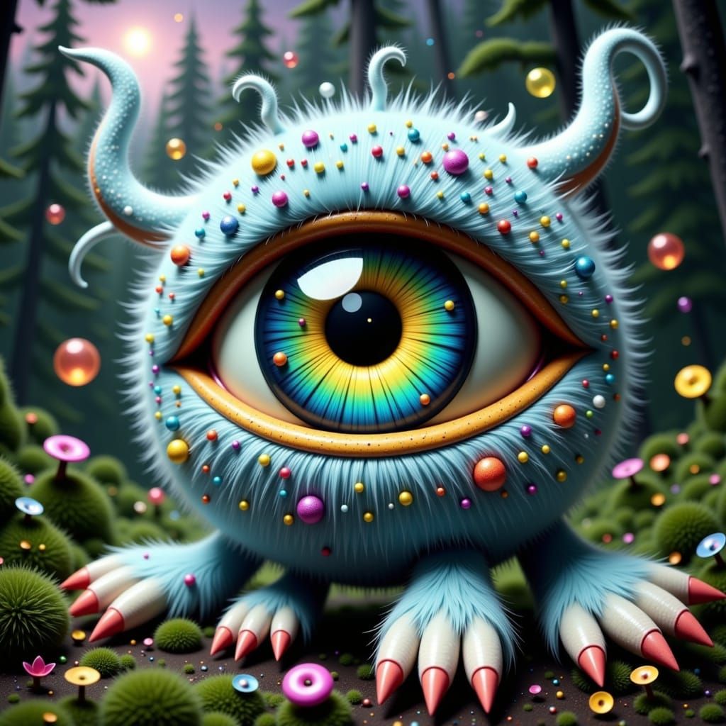 Giant Fuzzy Eyeball Monster in Misty Pine Forest