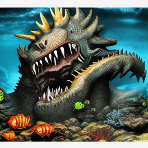Kaiju on a rocky shoal
