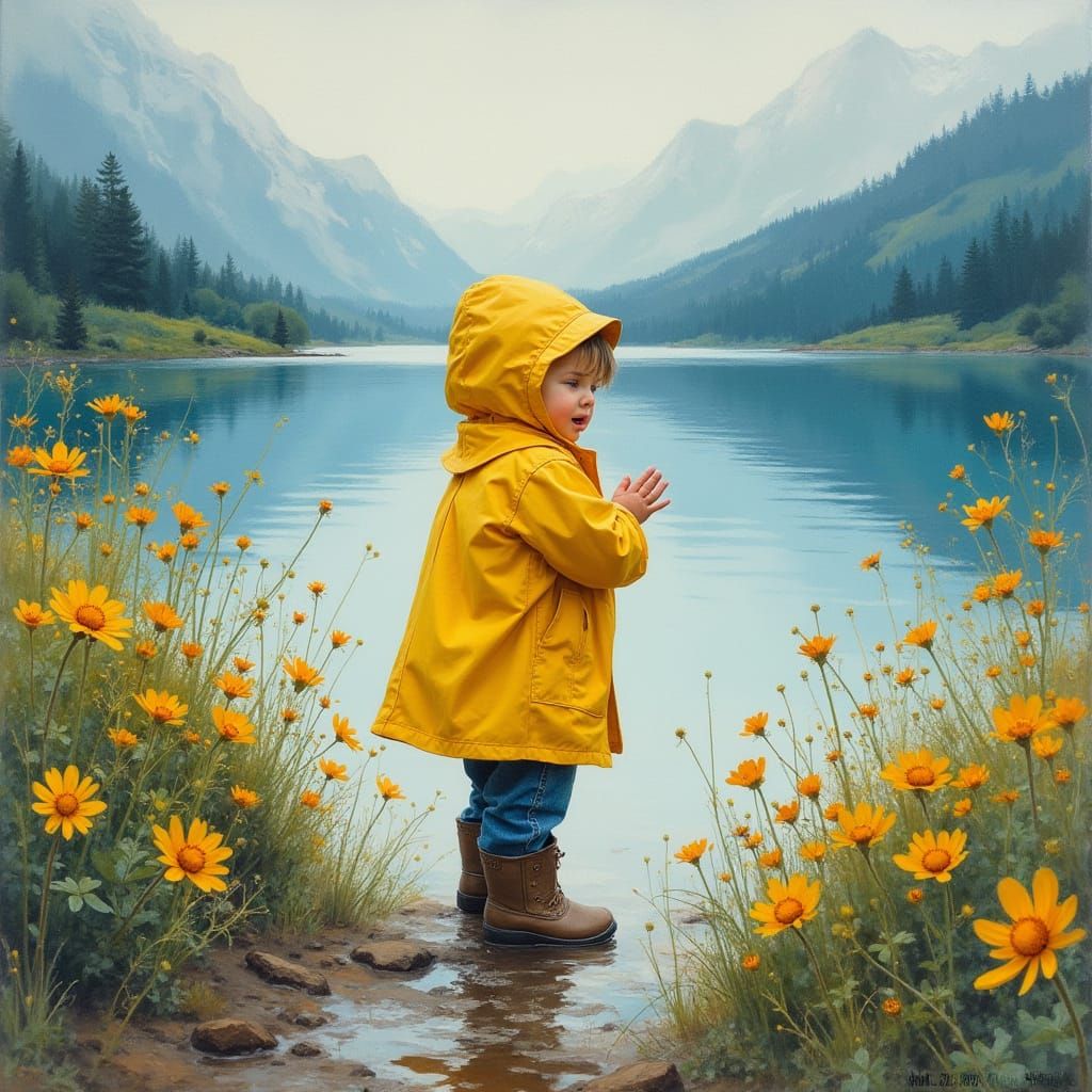 Young Boy Weeps on Lake's Edge in Expressive Impressionist S...