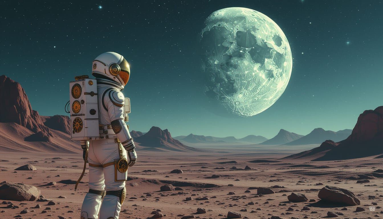 A lone astronaut, her suit adorned with intricate clockwork mechanisms and brass plating, stands on a desolate alien planet. Above her, a co...