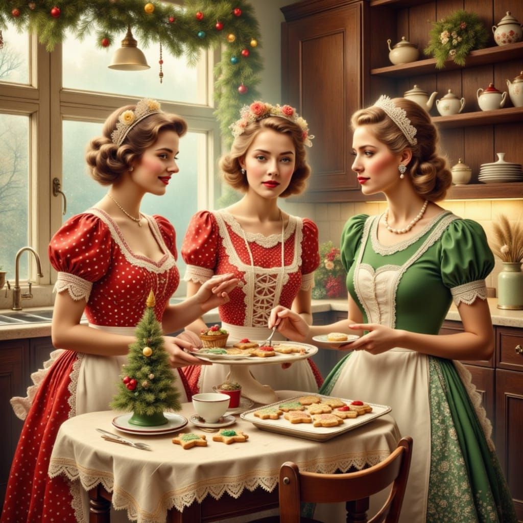 Vintage 1950s Women Baking Christmas Cookies in Festive Kitc...