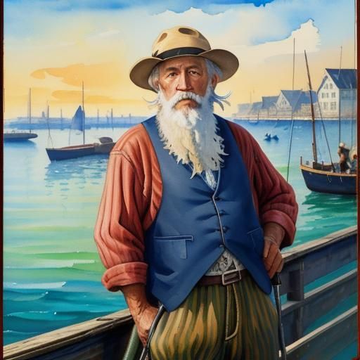 an old fisherman fishing patiently on the pier, in Gouache Style ...