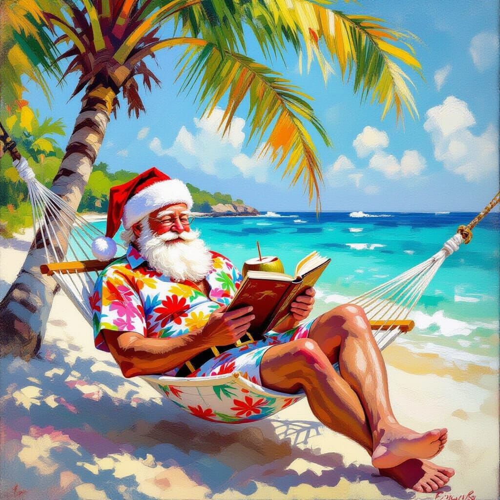 Santa Claus, in a Hawaiian shirt and shorts, relaxing in a hammock strung between two palm trees on a ...  by @Andy Pilgrim