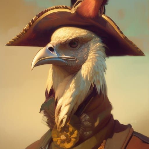 An historic oil portrait of a wild turkey wearing a pirate h...