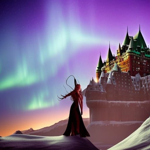 An ice fairy on very high stilts, in low angle, in front of ...