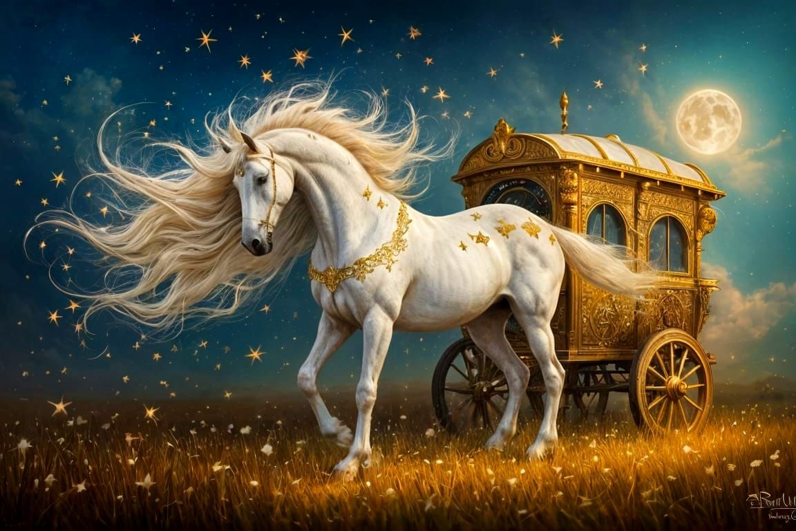 A majestic white horse in a moonlit meadow.