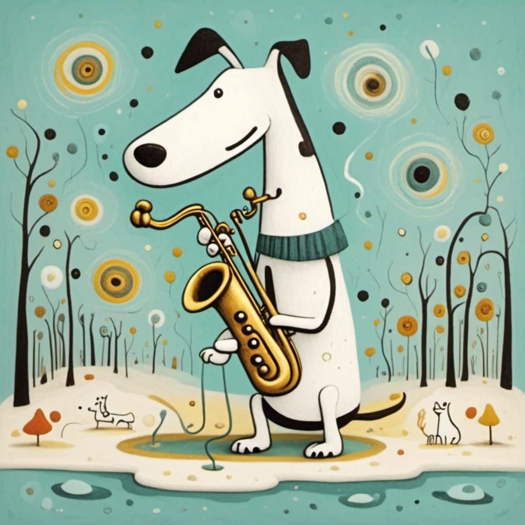 <lora:White Light:1.0> White dog playing a saxophone 