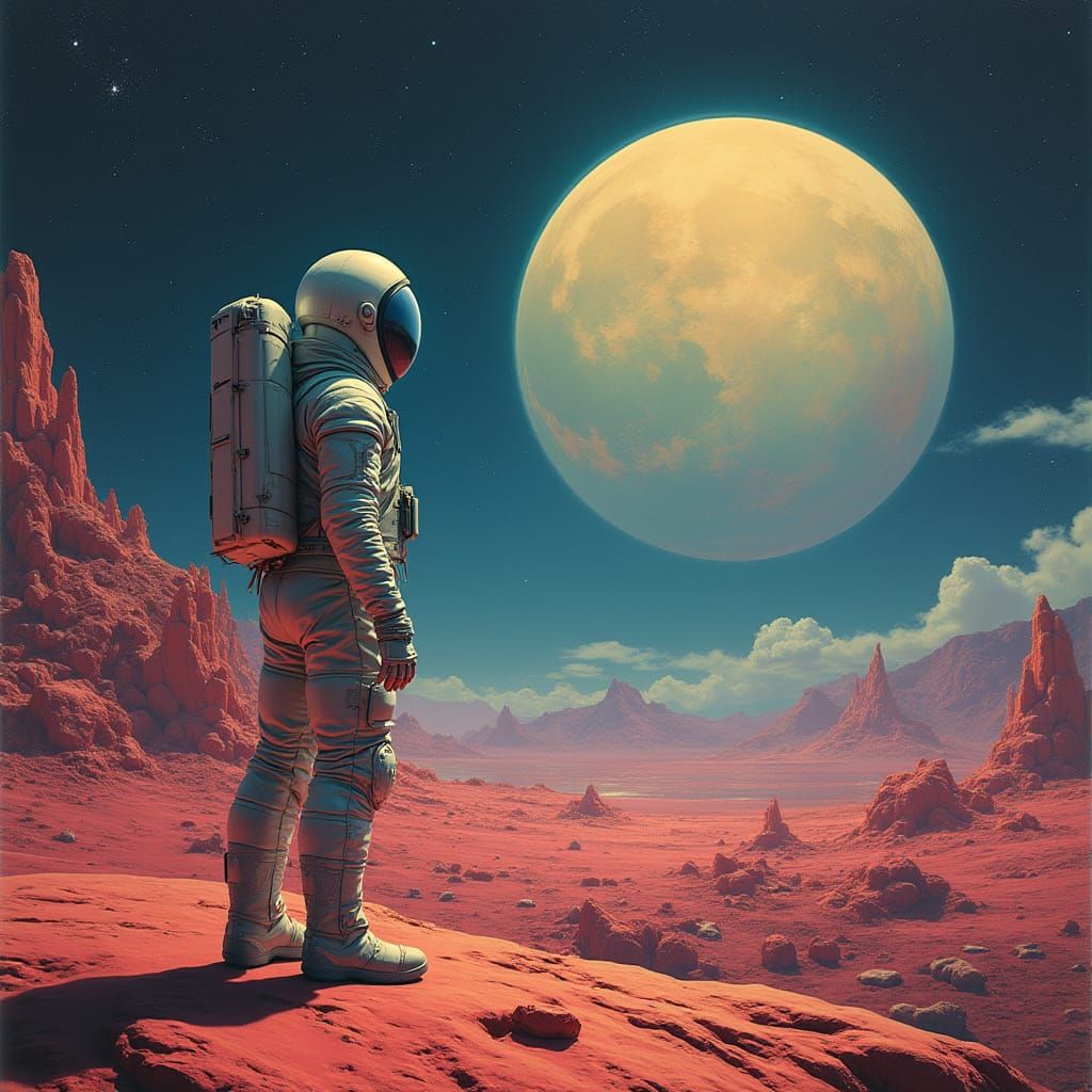 A surrealistic expressionism of a lone astronaut stands on a desolate, crimson alien planet, gazing up at a colossal, bioluminescent sun. Cr...