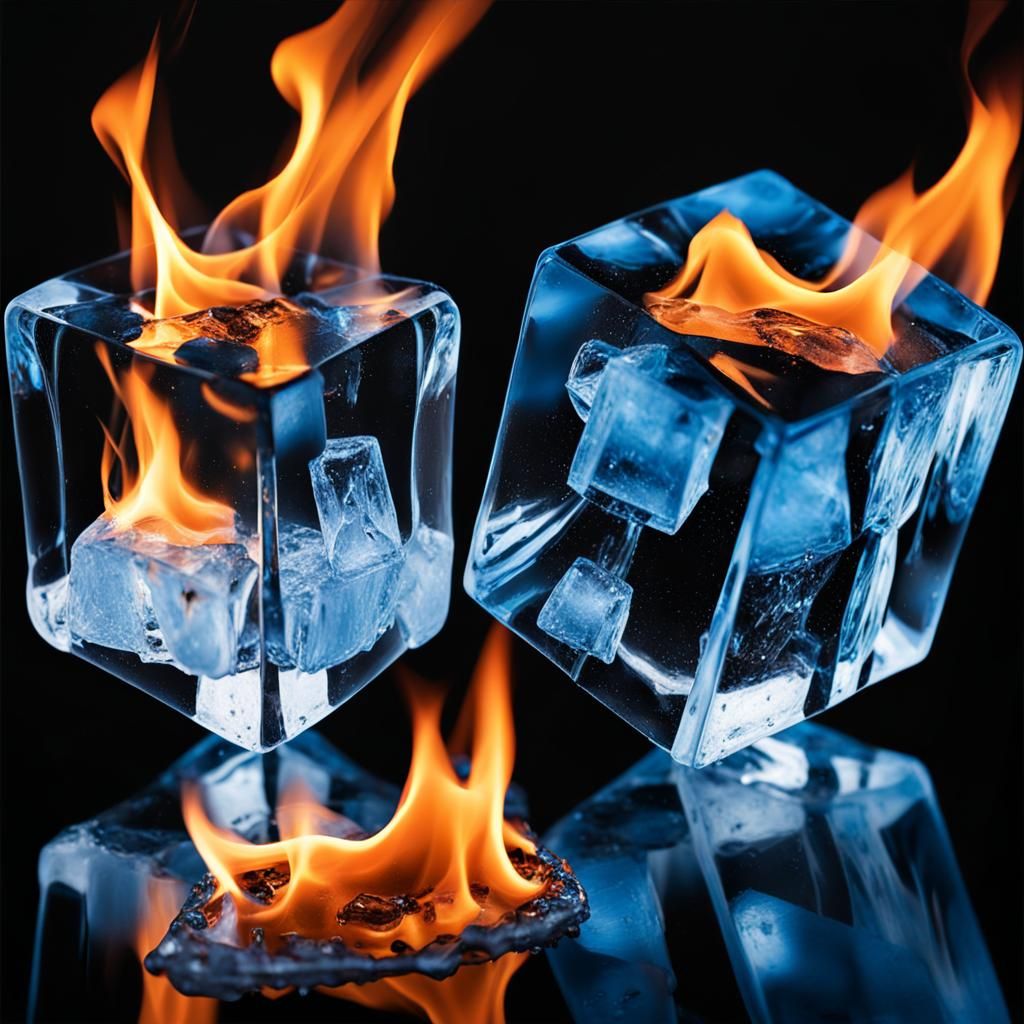 The impressive image of a bluish ice cube and a fire cube fr...