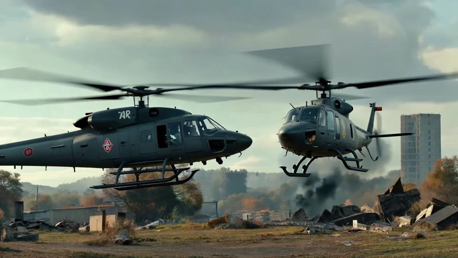 scene of battle between two  helicopters above the battle field of the opponents.