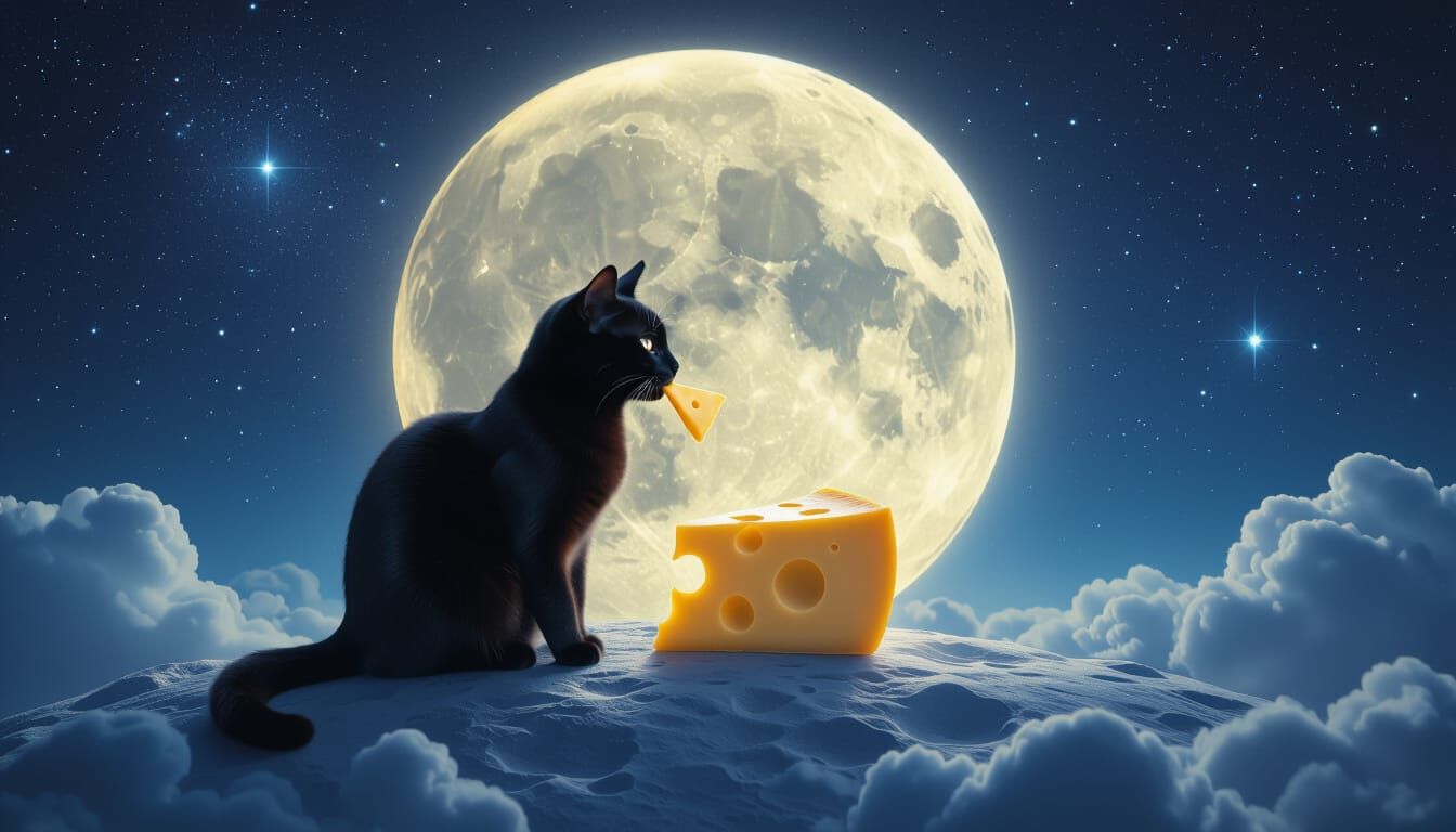 Black Cat's Celestial Cheese Feast on the Moon