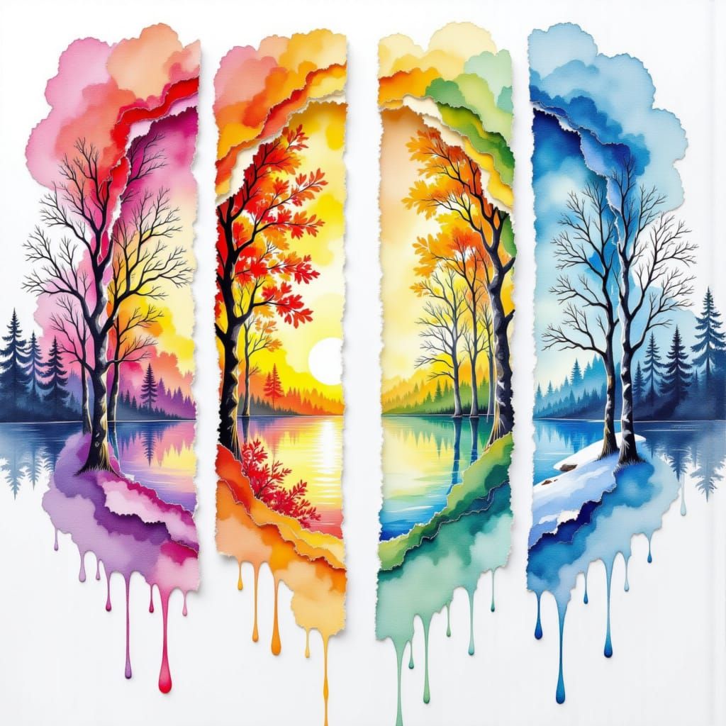 <lora:Four Seasons DE:1.0> Abstract vibrant watercolor portal swirls dripping in a double exposure effect across four vertical, ripped piece...